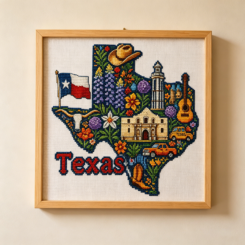 Texas Cross Stitch Kit – DIY Lone Star State Embroidery Craft