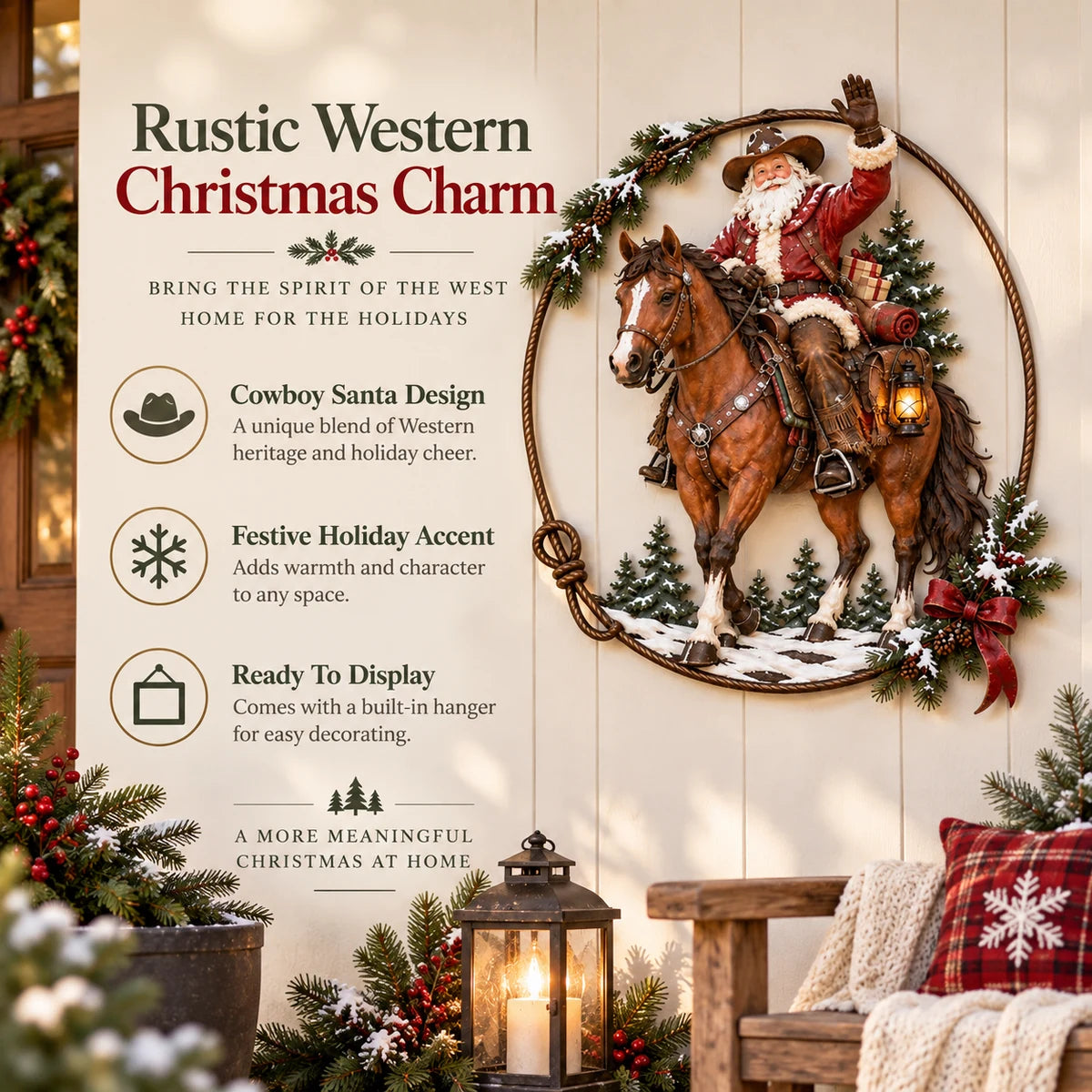 Rustic Western Christmas Cowboy Santa wall decor features