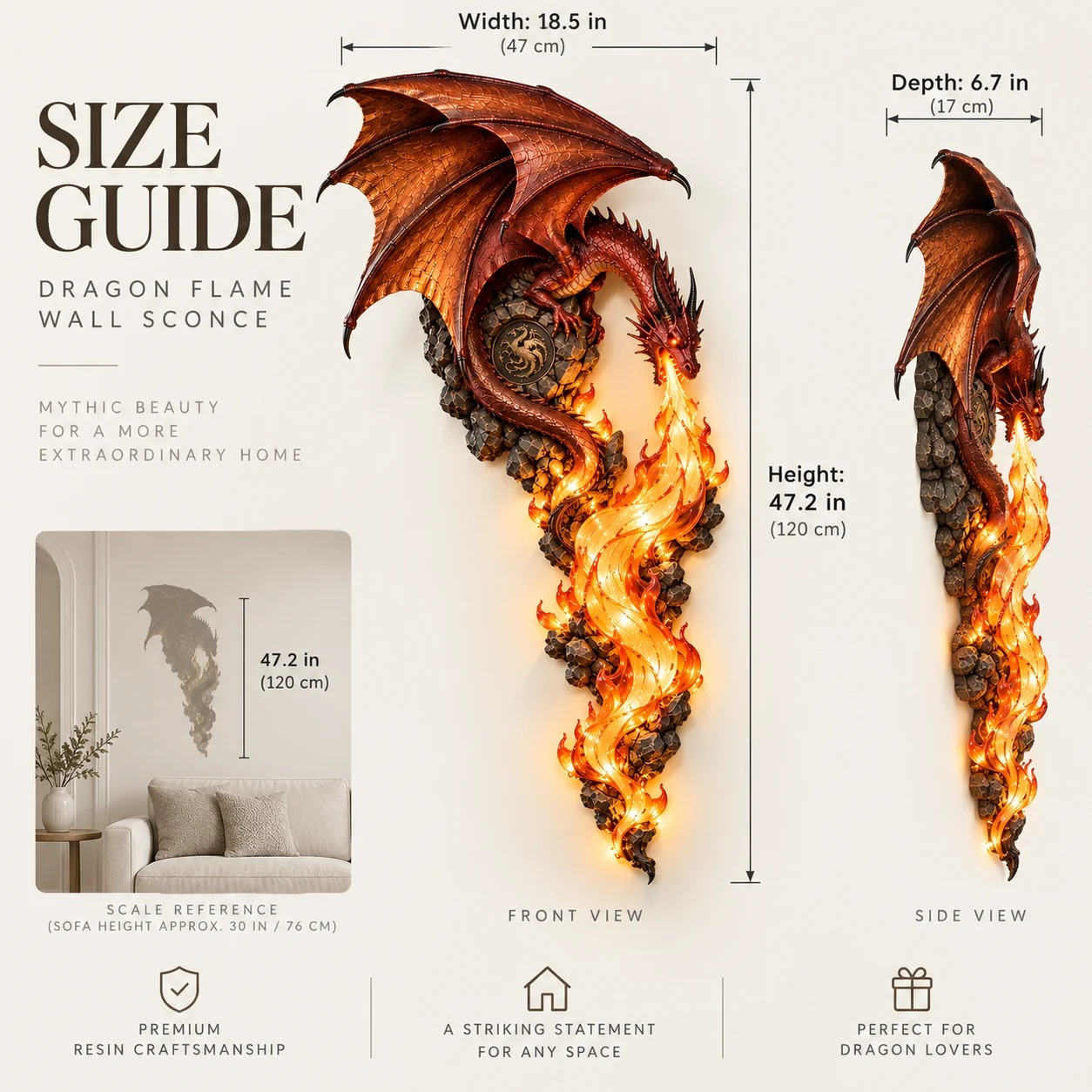Dragon Flame Wall Sconce size guide