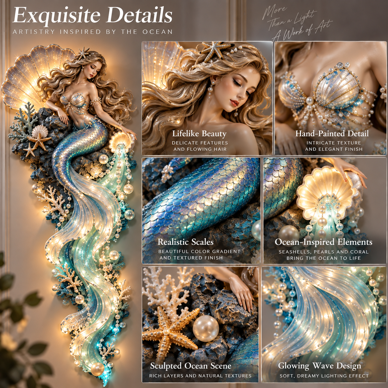 Mermaid lighted wall decor detail