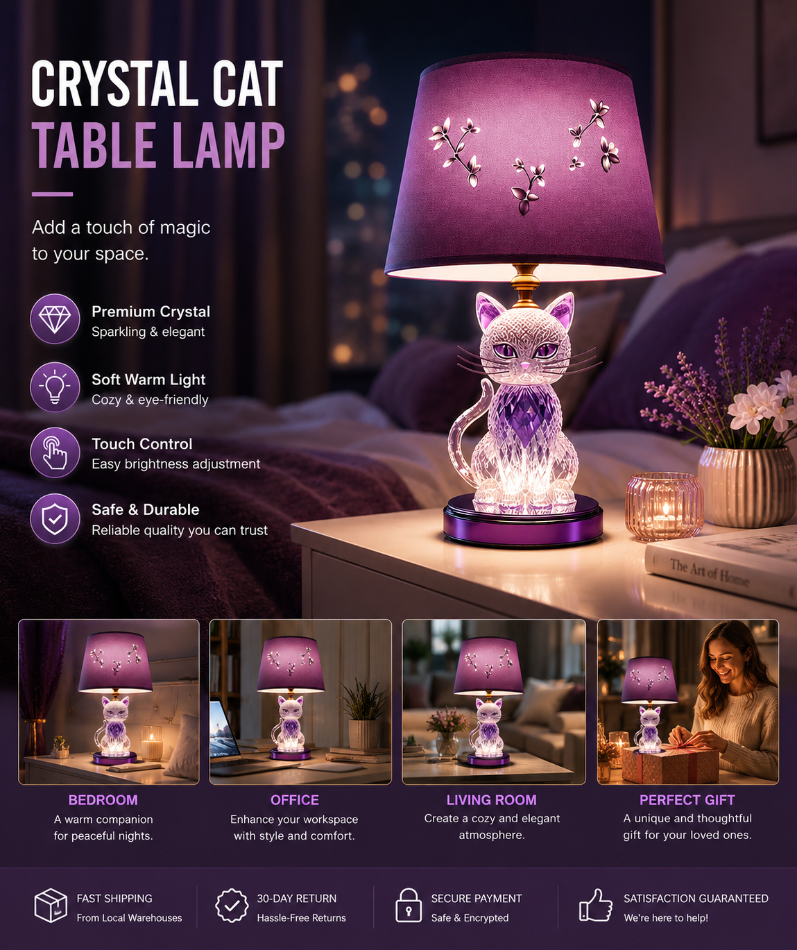Crystal Cat Table Lamp– Elegant LED Night Light for Cozy Spaces