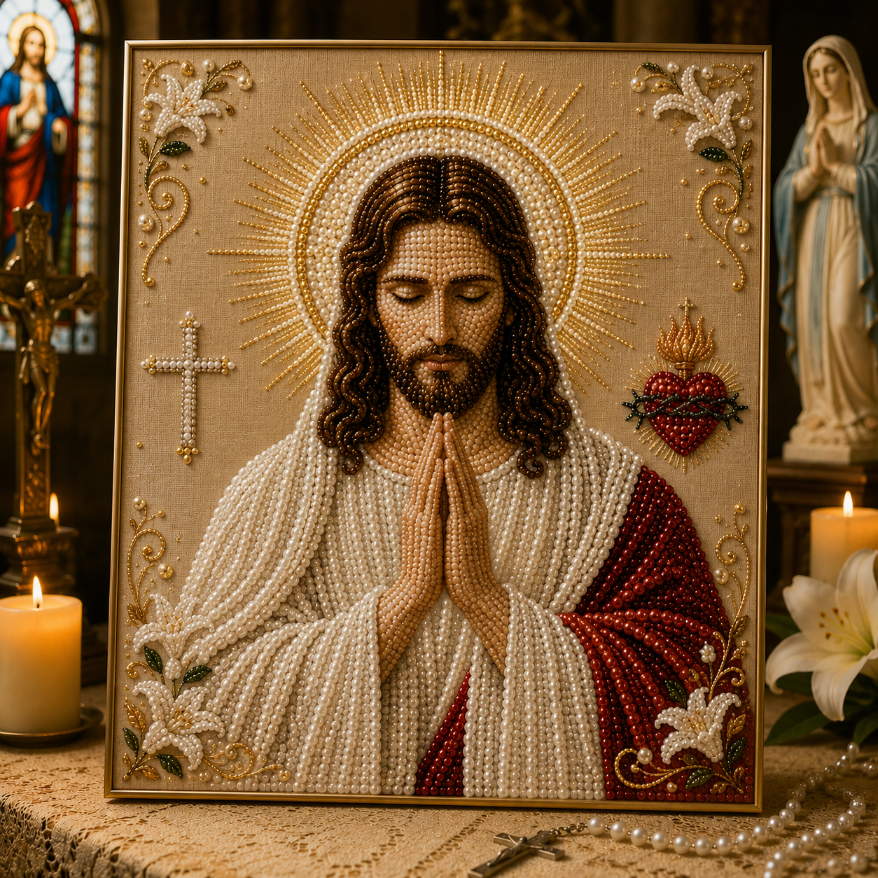 Divine Pearl Bead Virgin Mary Icon