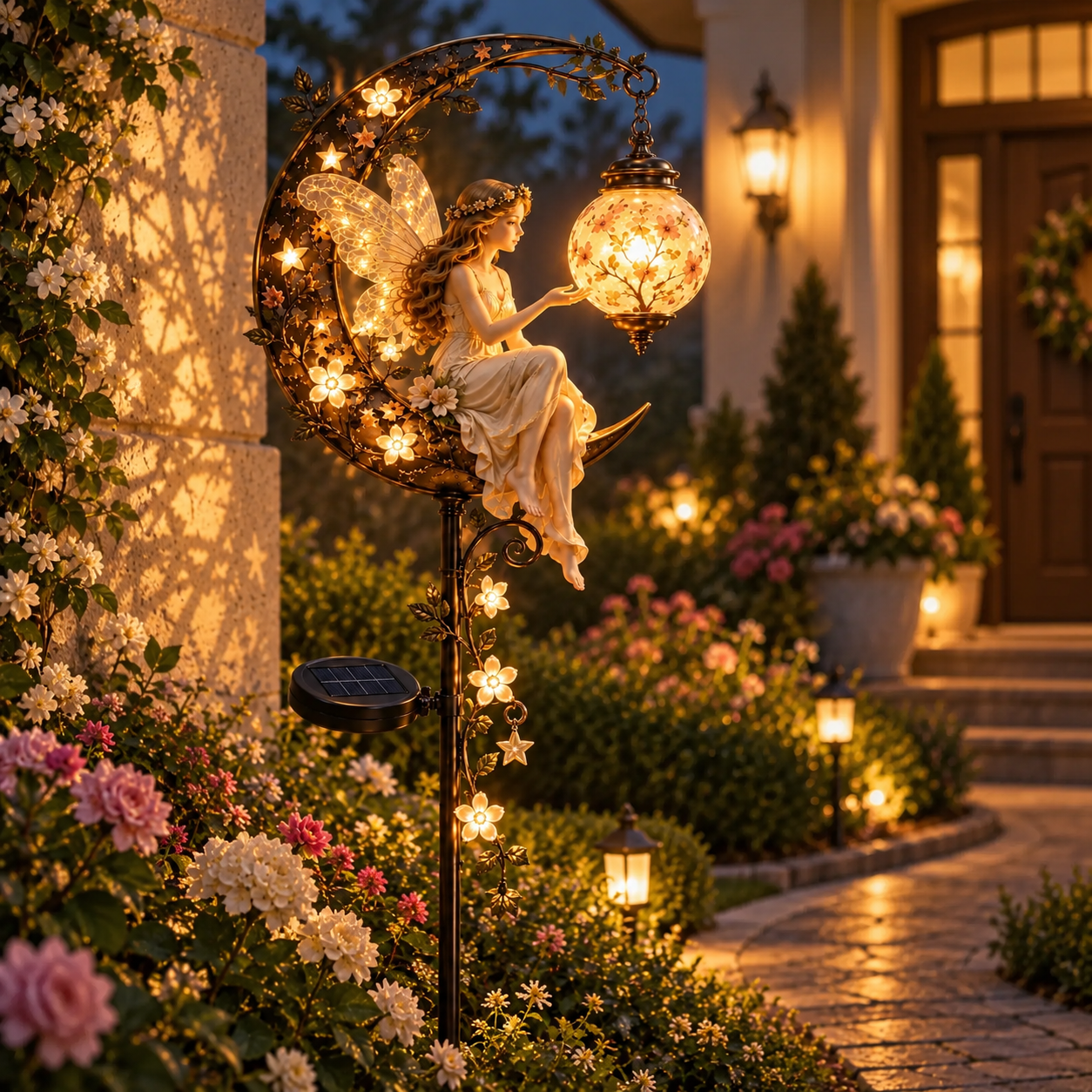 Fairy garden solar light glowing at dusk
