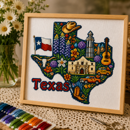 Texas Cross Stitch Kit – DIY Lone Star State Embroidery Craft