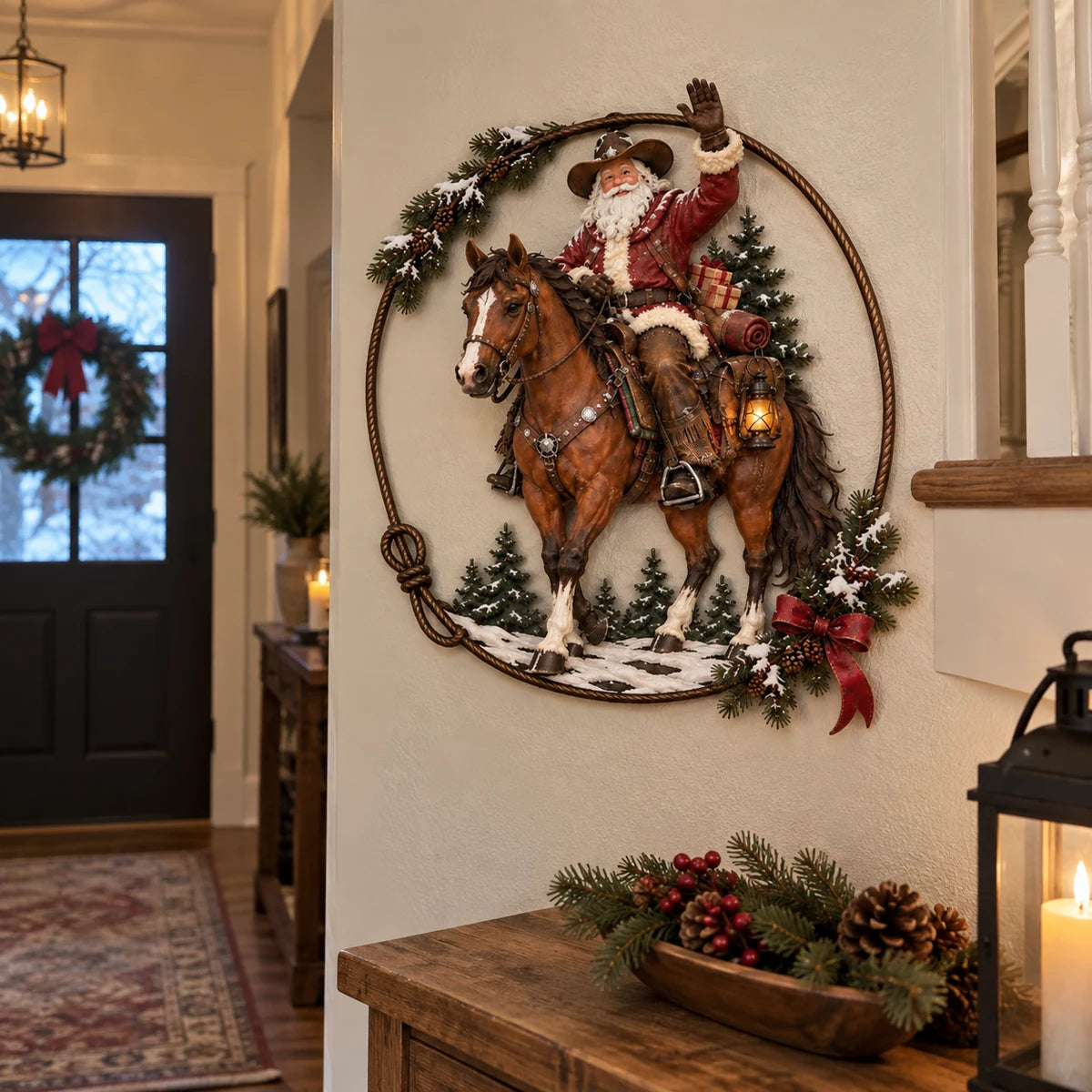Western Cowboy Santa wall decor displayed in an indoor entryway