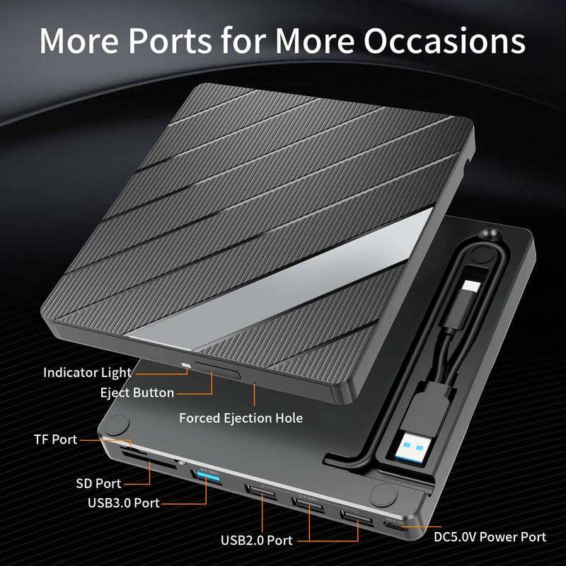 Laptop DVD Player USB C 3.0 Portable CD Burner with SD/TF Card Slot & 3 USB Ports Compatible with Mac, Windows, Linux