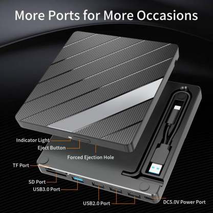 Laptop DVD Player USB C 3.0 Portable CD Burner with SD/TF Card Slot & 3 USB Ports Compatible with Mac, Windows, Linux