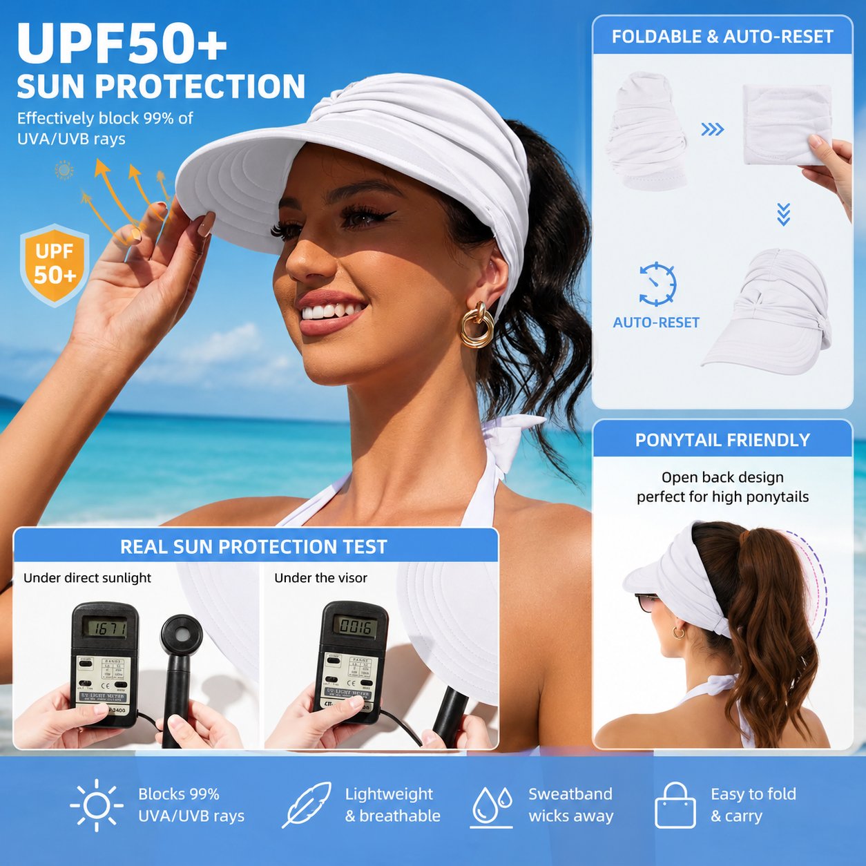 🔥 Last Day 50% OFF – UPF 50+ Foldable Ponytail Sun Visor Hat