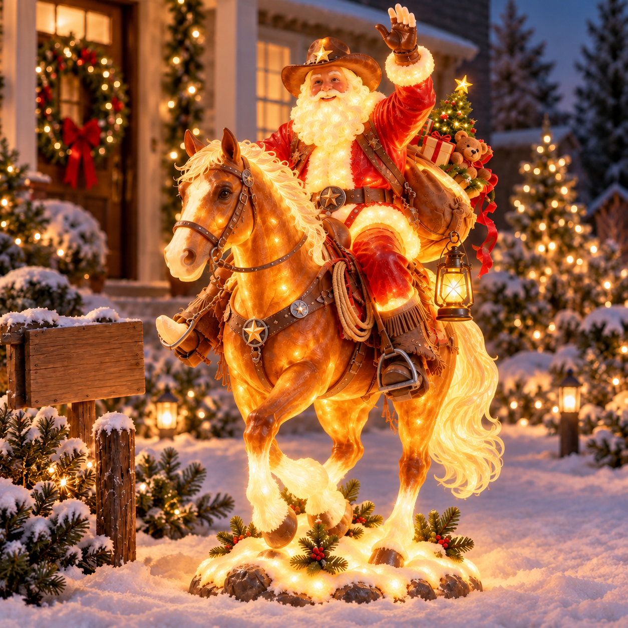 🔥Last Day 49% OFF-🎅🤠 Western Cowboy Santa on Horse Lighted Christmas Statue | Rustic Ranch Holiday Outdoor Décor