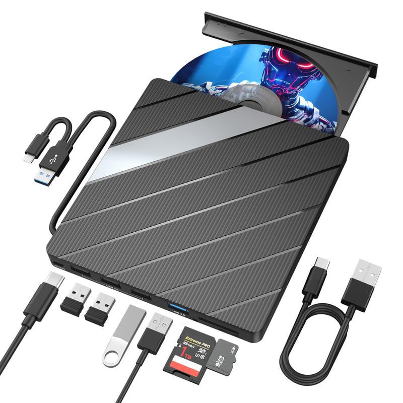 Laptop DVD Player USB C 3.0 Portable CD Burner with SD/TF Card Slot & 3 USB Ports Compatible with Mac, Windows, Linux