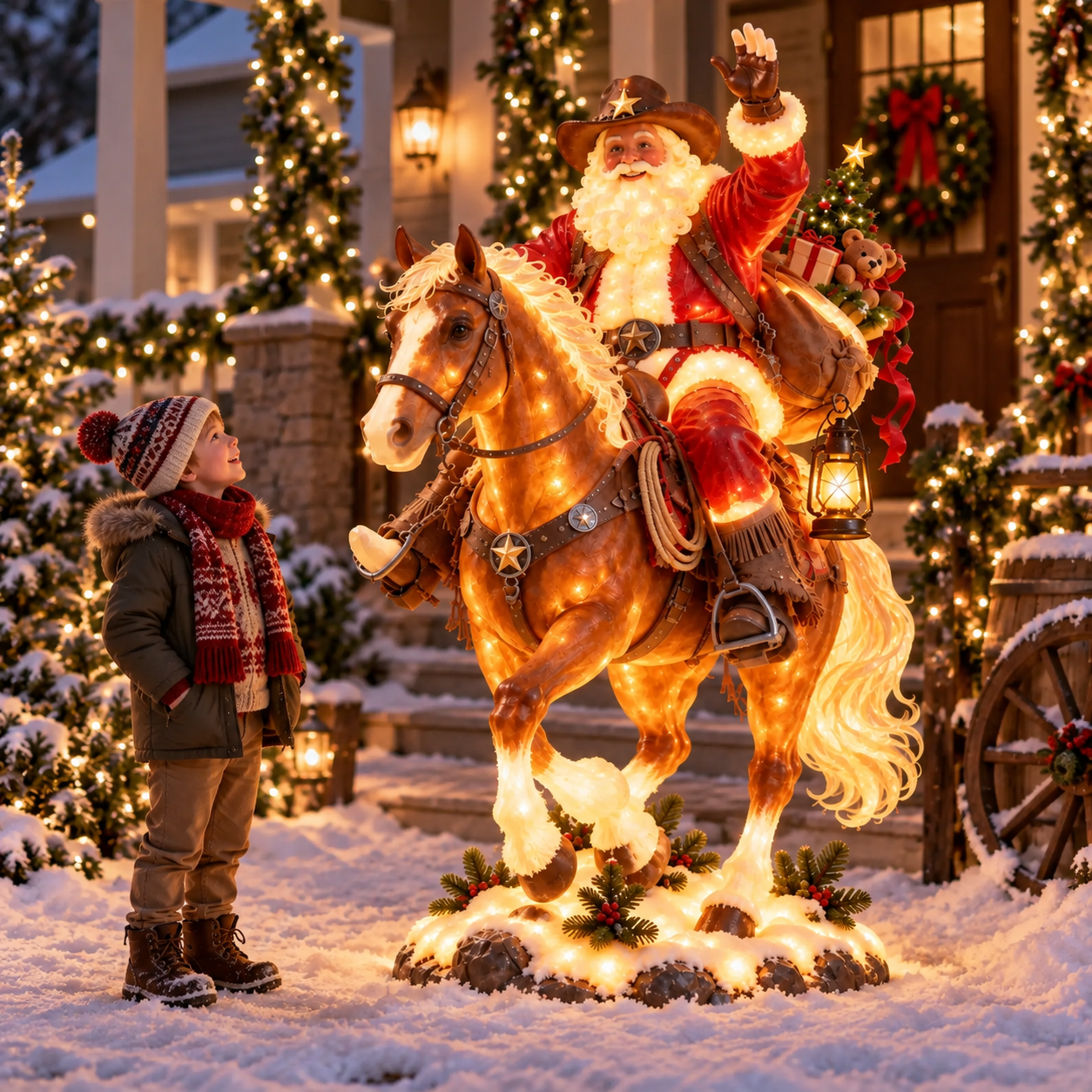 🔥Last Day 49% OFF-🎅🤠 Western Cowboy Santa on Horse Lighted Christmas Statue | Rustic Ranch Holiday Outdoor Décor