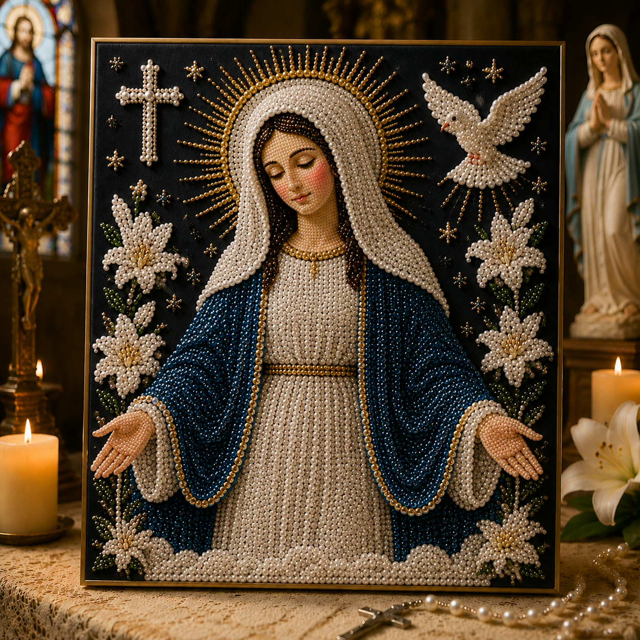 Divine Pearl Bead Virgin Mary Icon