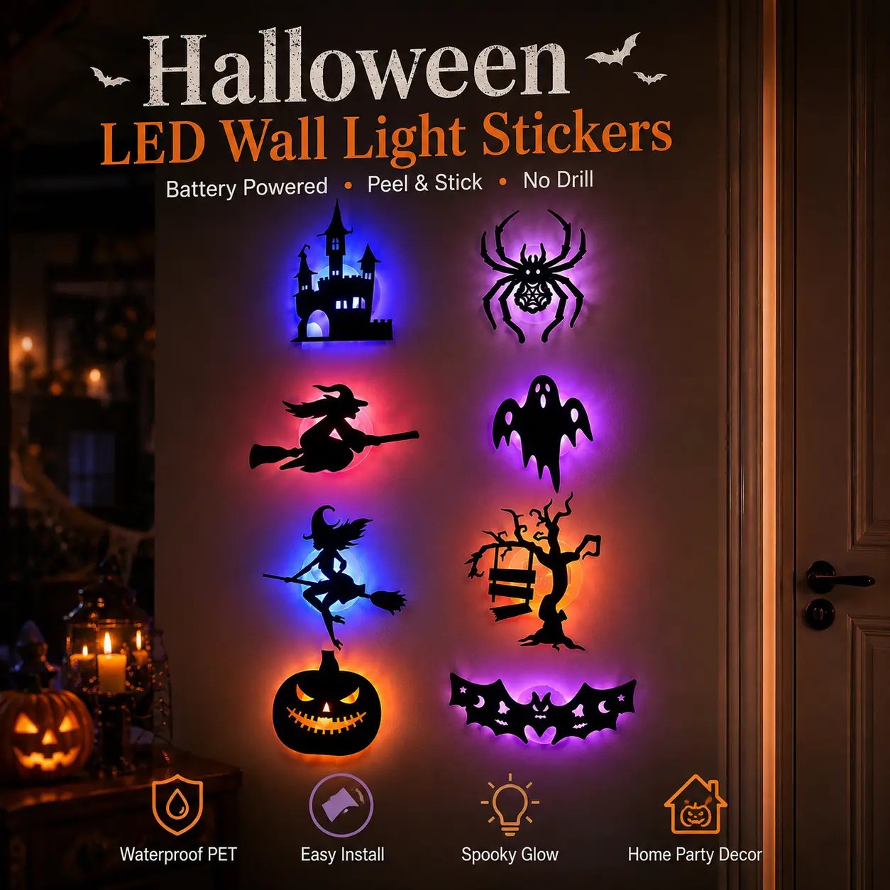 Halloween LED wall lights glowing at night