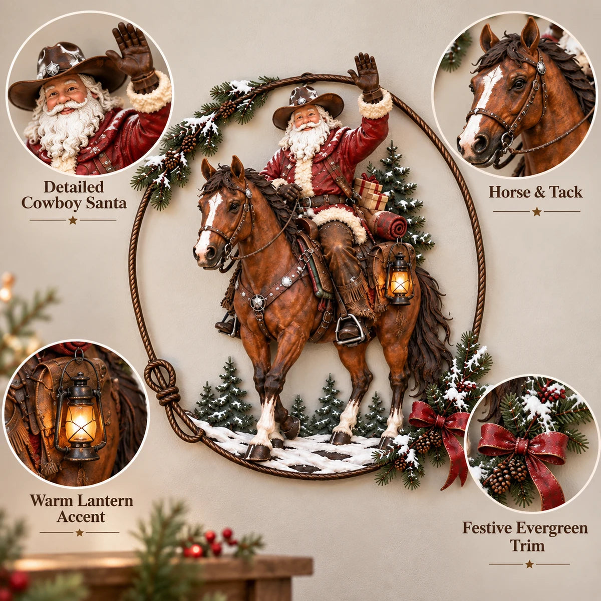 Close-up detail view of Cowboy Santa, horse, lantern and evergreen trim