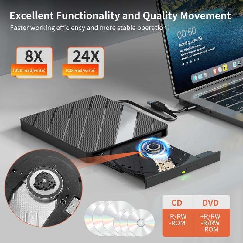 Laptop DVD Player USB C 3.0 Portable CD Burner with SD/TF Card Slot & 3 USB Ports Compatible with Mac, Windows, Linux