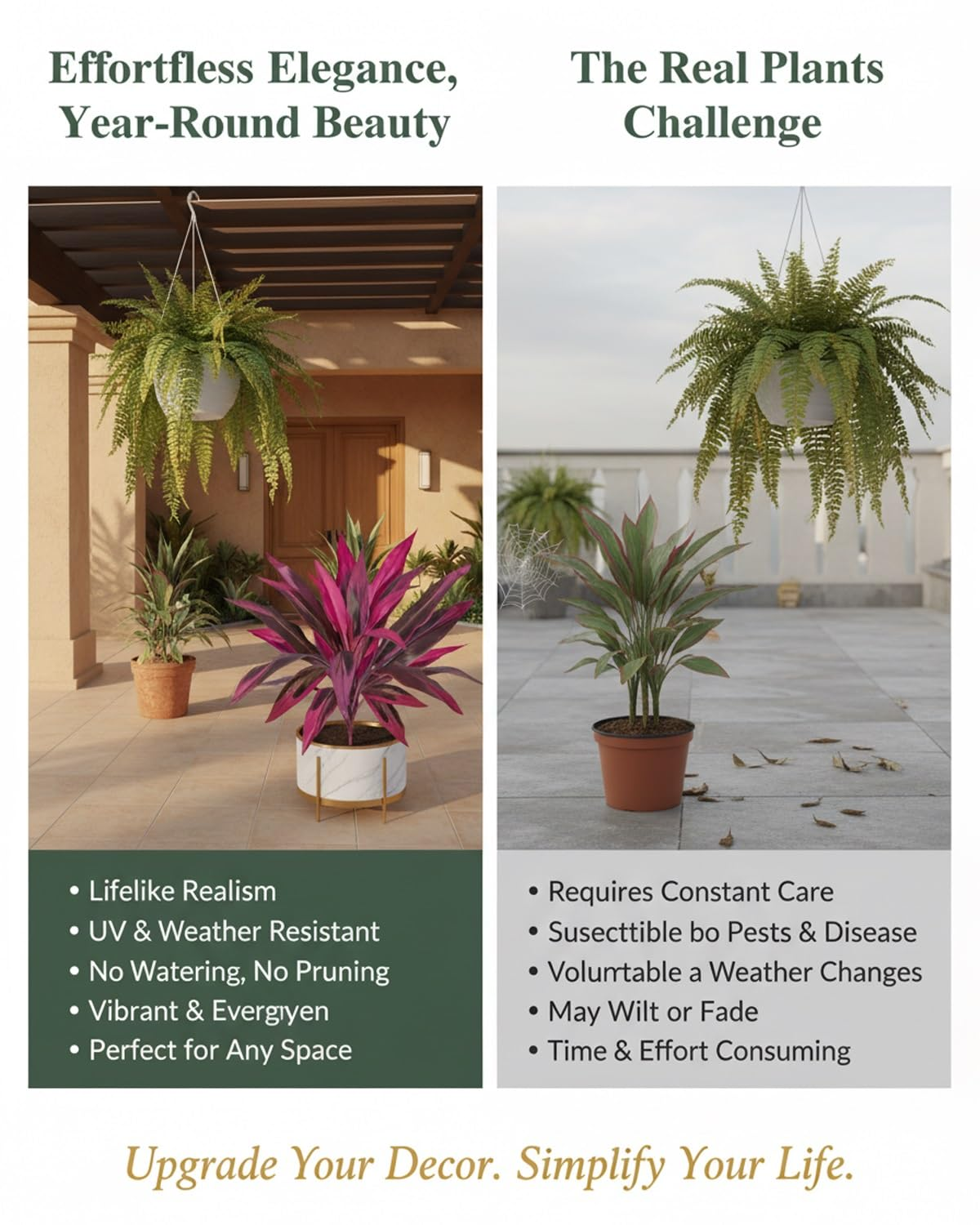 2Pcs Large Artificial Boston Fern & Dragon’s Blood Tree Plants | Vibrant Pink Purple Faux Plants for Garden Patio Balcony Decor 🌼