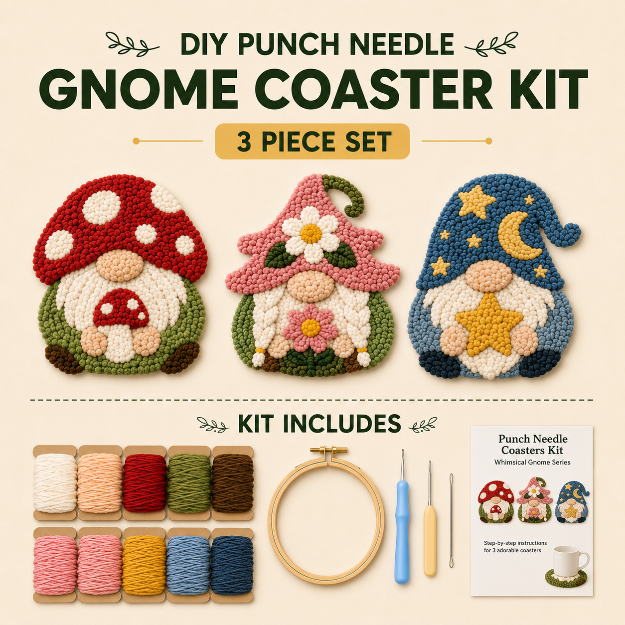 Beginner-Friendly DIY Gnome Coasters Punch Needle Kit ☕ – Cute Handmade Mug Rug Se