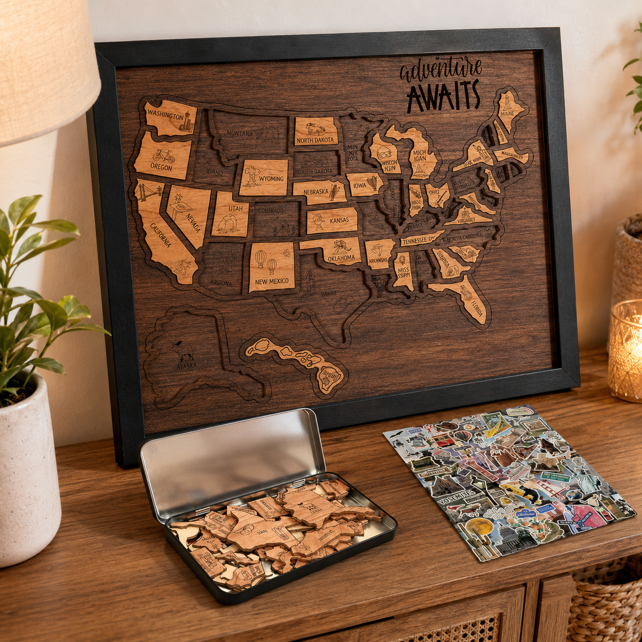 🔥Last Day 49% OFF -🇺🇸 Wooden USA Travel Map Puzzle🧩A Stylish Way to Track Your Journey