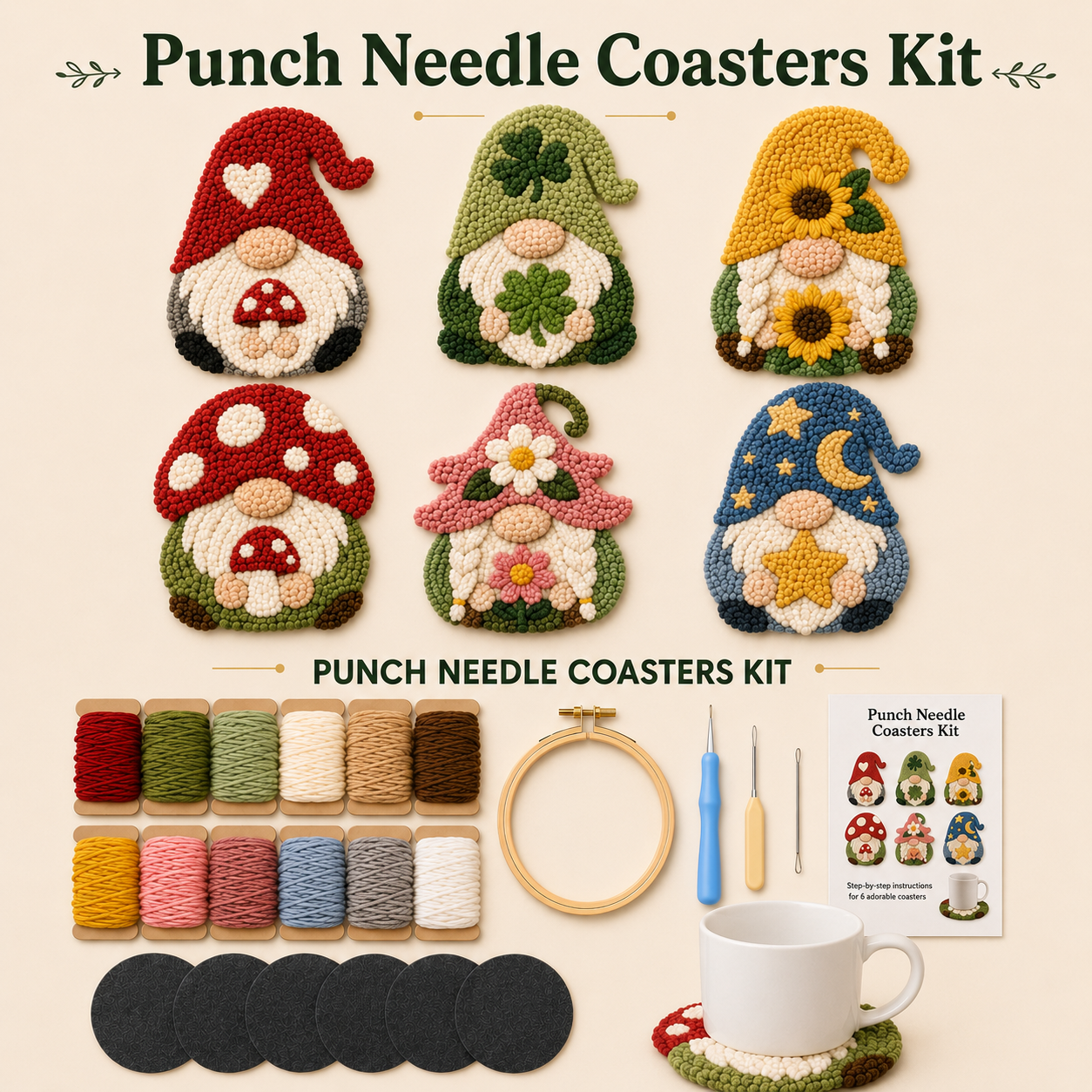 Beginner-Friendly DIY Gnome Coasters Punch Needle Kit ☕ – Cute Handmade Mug Rug Se