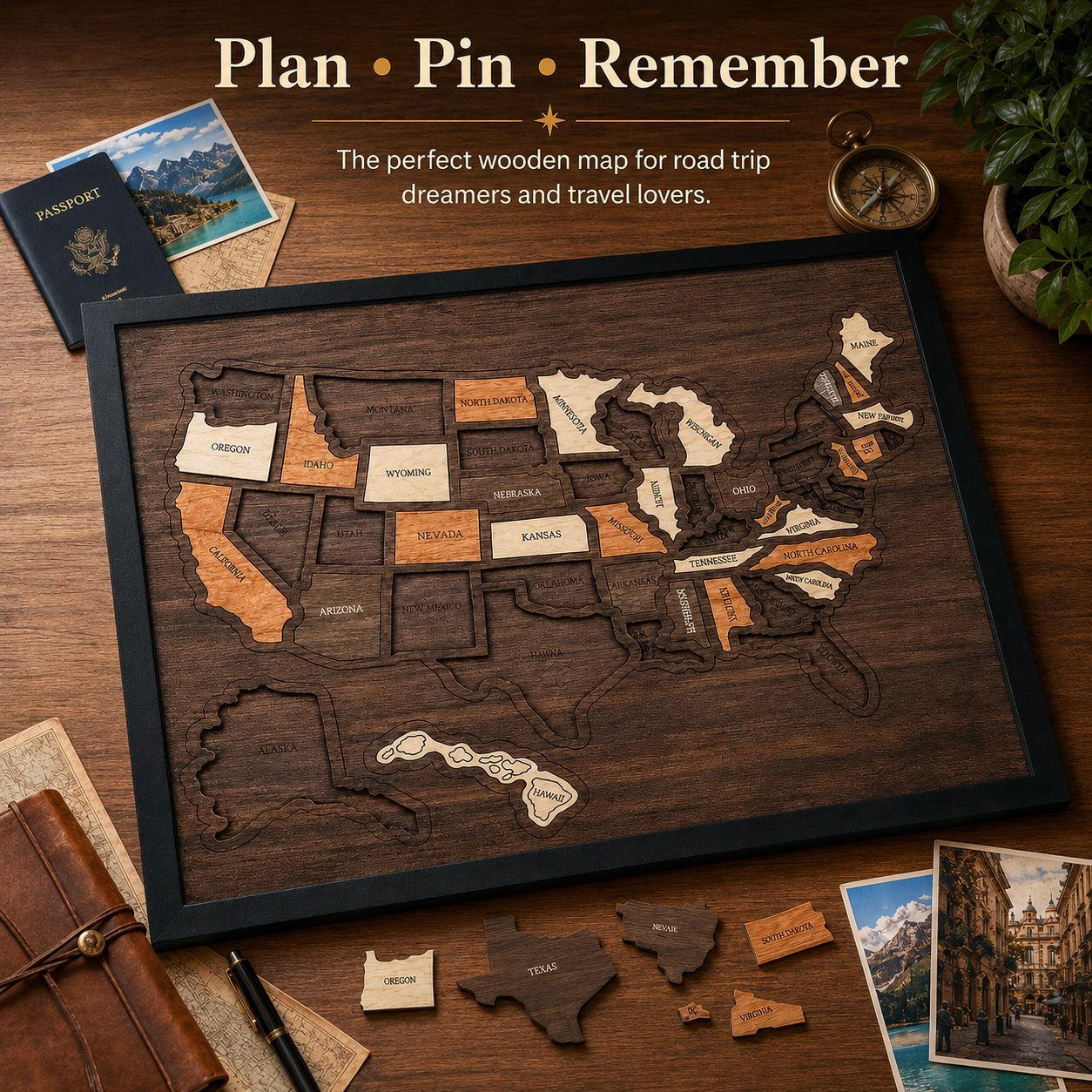 🔥Last Day 49% OFF -🇺🇸 Wooden USA Travel Map Puzzle🧩A Stylish Way to Track Your Journey
