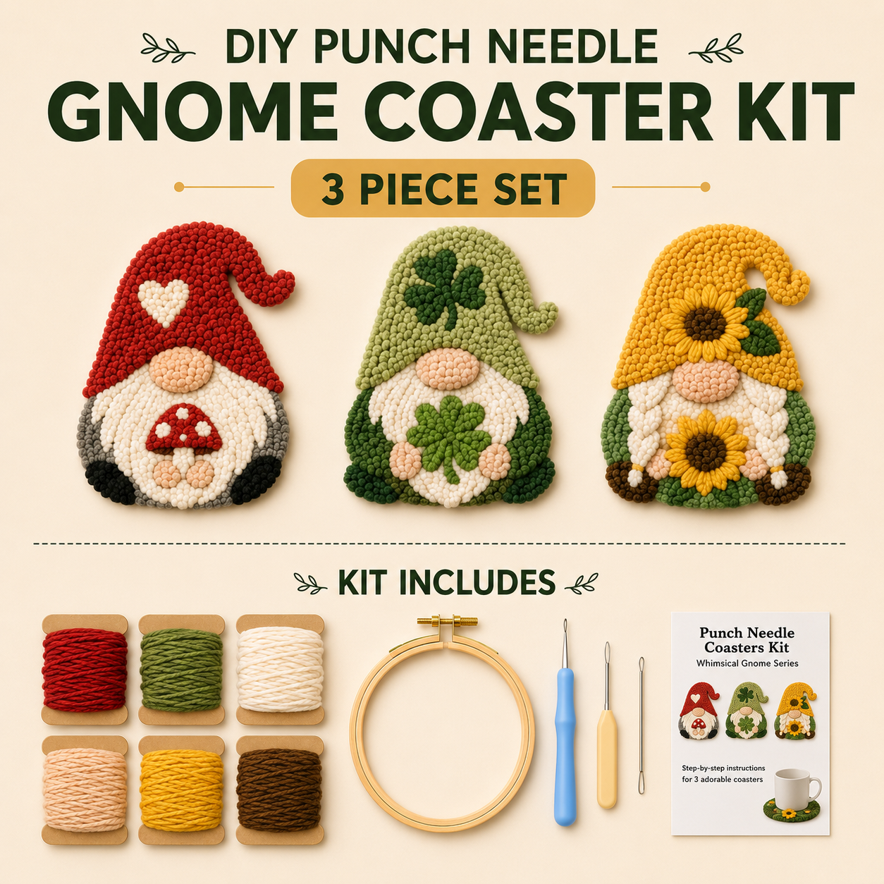Beginner-Friendly DIY Gnome Coasters Punch Needle Kit ☕ – Cute Handmade Mug Rug Se