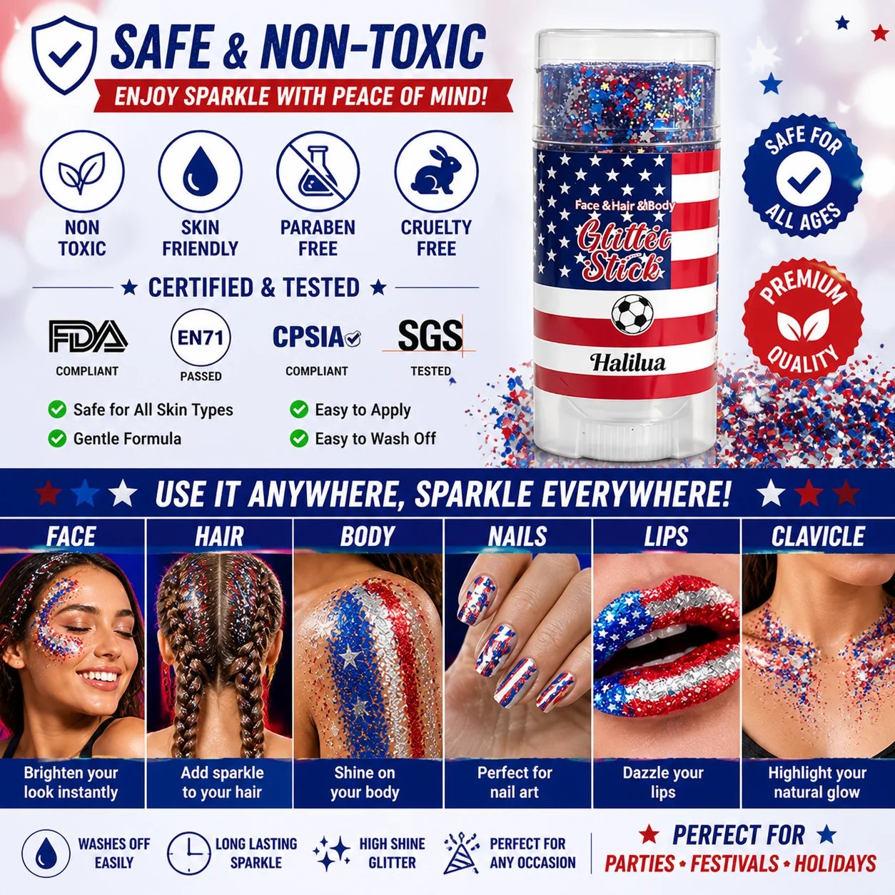 🦅4th of July Glitter Stick✨🔔Red, White & Blue Body & Hair Sparkle