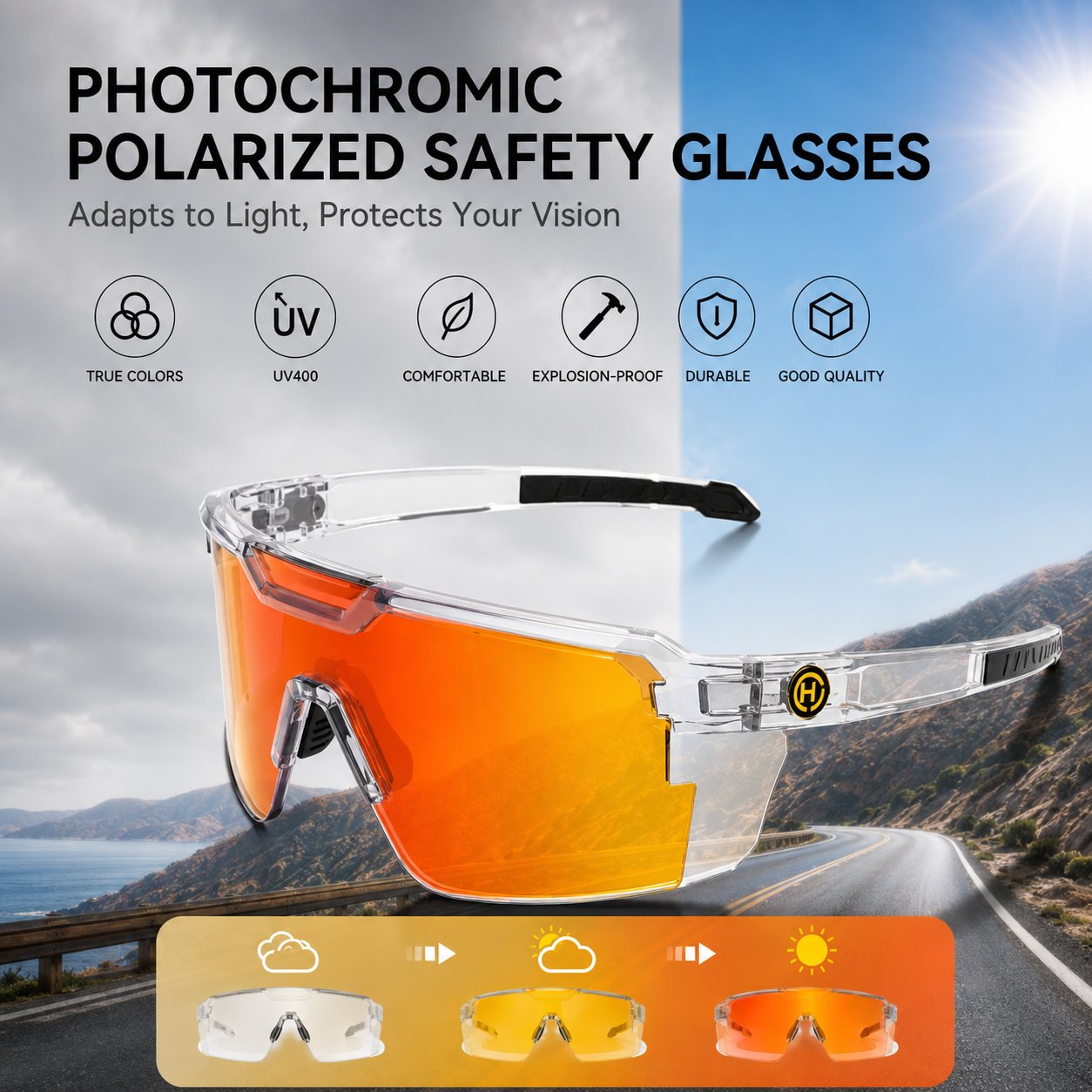 ☀️UV400 Photochromic Polarized Safety Glasses🥇Impact Resistant Outdoor Sports & Work Eyewear