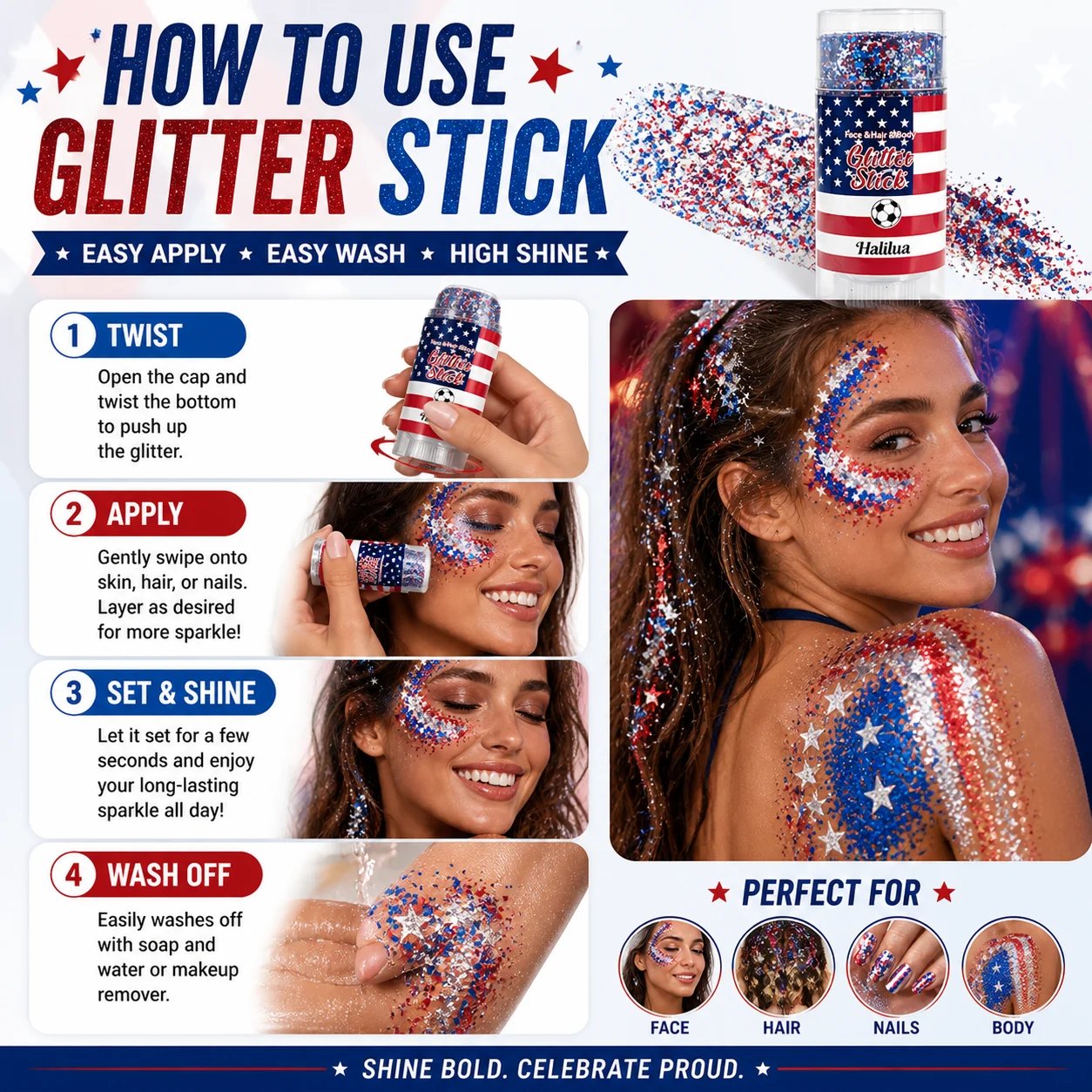 🦅4th of July Glitter Stick✨🔔Red, White & Blue Body & Hair Sparkle
