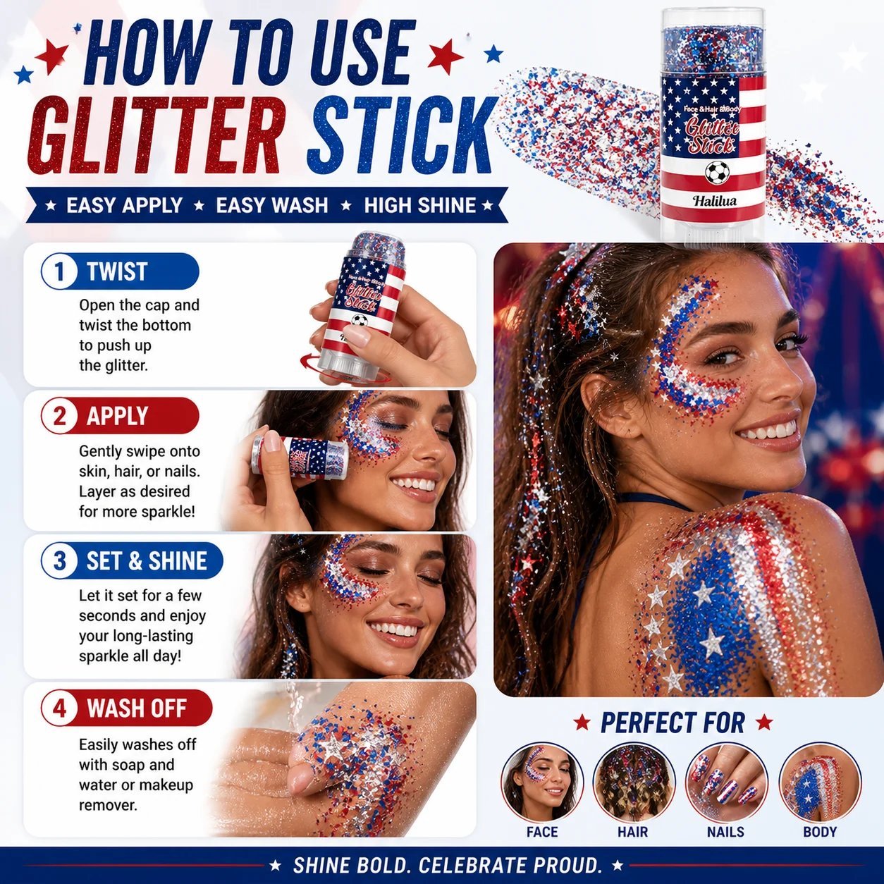 🦅4th of July Glitter Stick✨🔔Red, White & Blue Body & Hair Sparkle