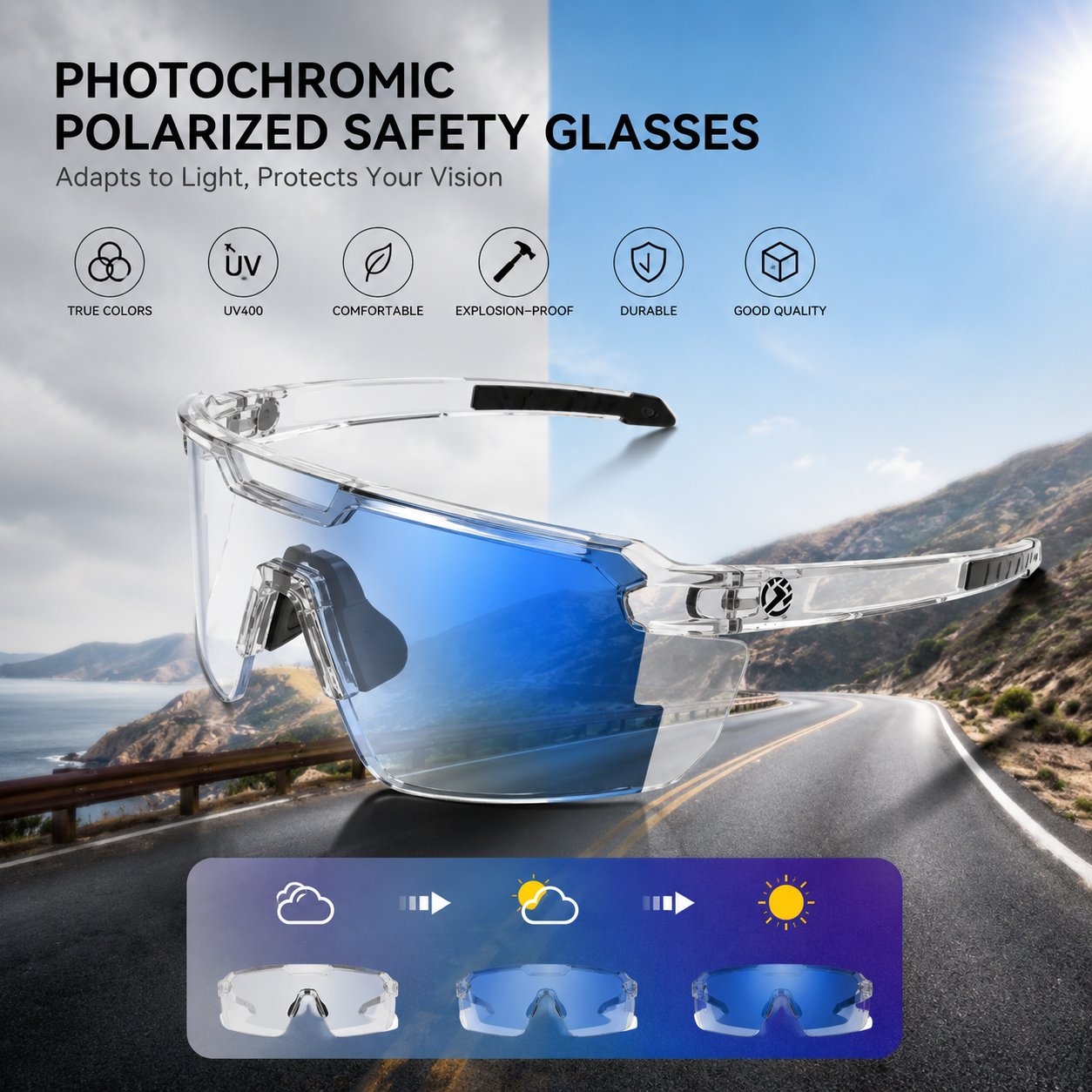 ☀️UV400 Photochromic Polarized Safety Glasses🥇Impact Resistant Outdoor Sports & Work Eyewear