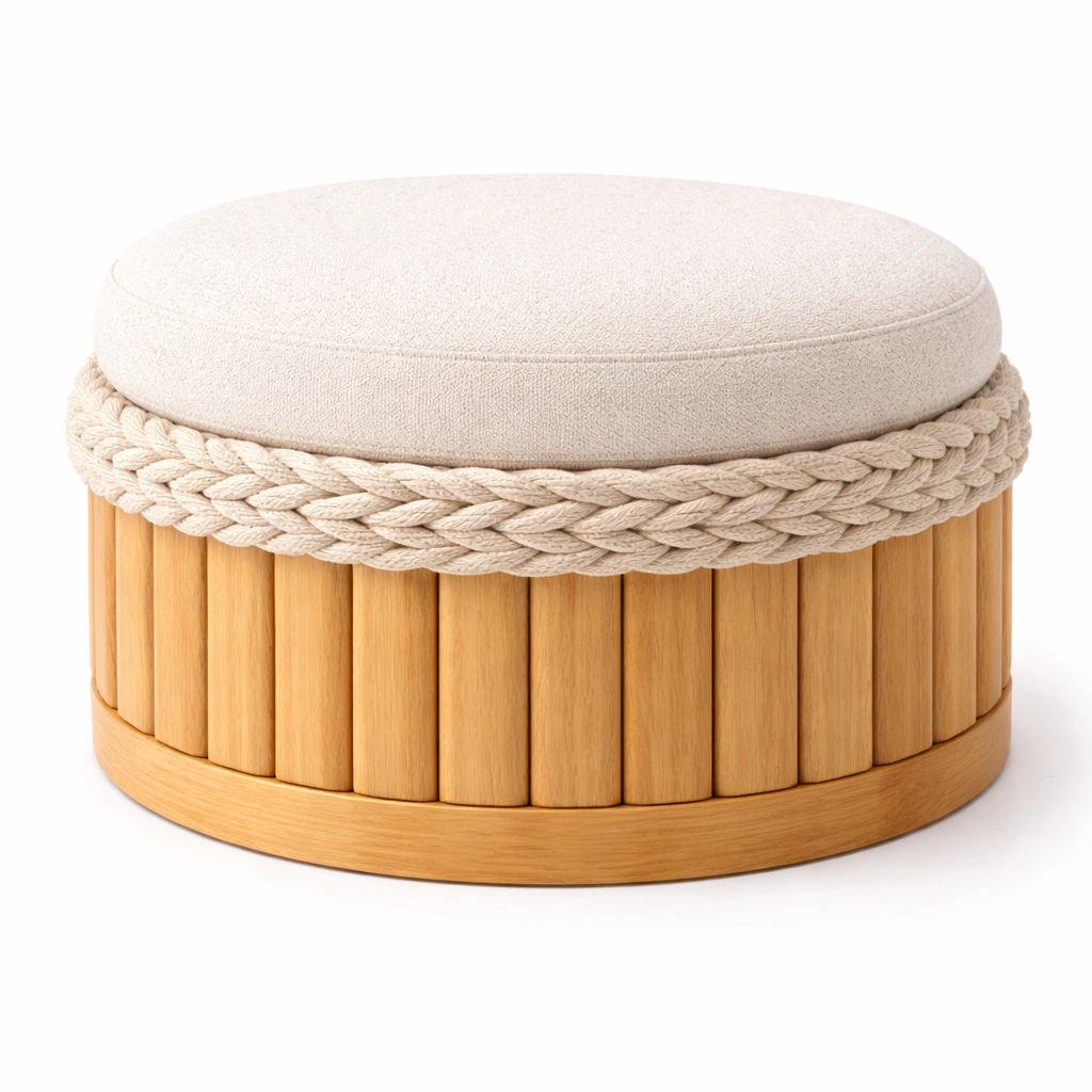 Pouf rond bois et tissu C Beige clair-nestifyo