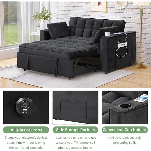 Sofá cama convertible multifuncional 3 en 1 tamaño Queen, cómodo sofá cama extraíble de terciopelo de 63,8"