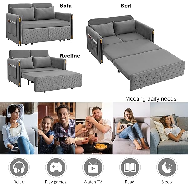 Sofá cama convertible multifuncional 3 en 1 tamaño Queen, cómodo sofá cama extraíble de terciopelo de 63,8"