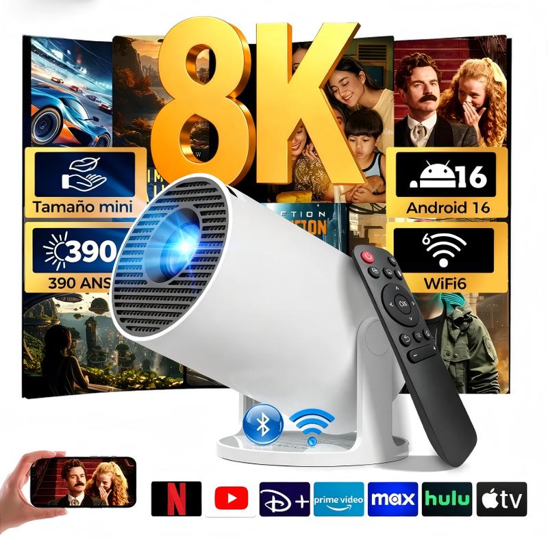HY300 Pro Mini Proyector Portátil 8K, Android 16.0, 1080P Full HD, WiFi6, BT 6.0, 15000 Lúmenes, Corrección Automática de Trapecio, Ideal para Copa Mundial 2026, Transmisión en Vivo, Pantalla Gigante para Aficionados y reuniones