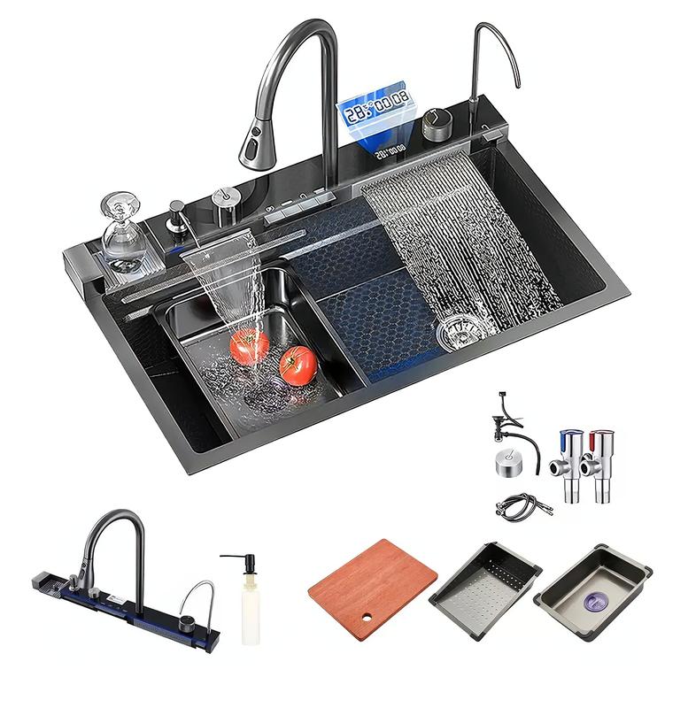 Fregadero lsidoro Acero Inoxidable con Grifo LED Multimodal 80x45x21 cm Tres modos de chorro de agua Aplicación de múltiples escenarios Accesorios completos Gris oscuro