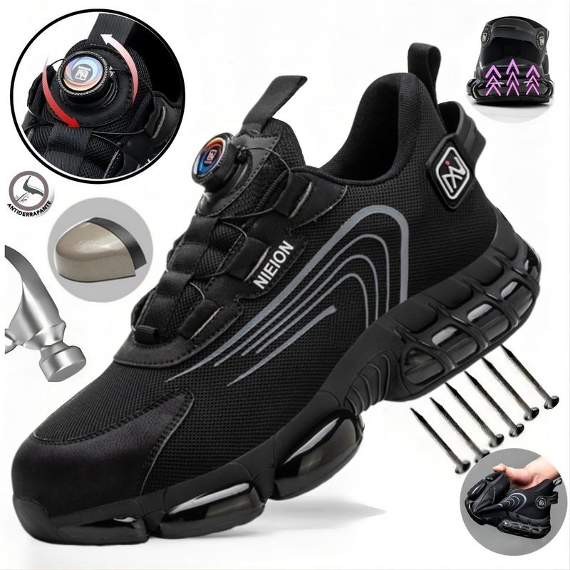 NIEION Botas de Trabajo con Punta de Acero y Antipunción para Hombres y Mujeres - Transpirables, Antideslizantes con Cordones y Hebilla Giratoria, Duraderas para Actividades al Aire Libre, Parte Superior de Malla Negra y Gris, Zapatos con Punta de Acero