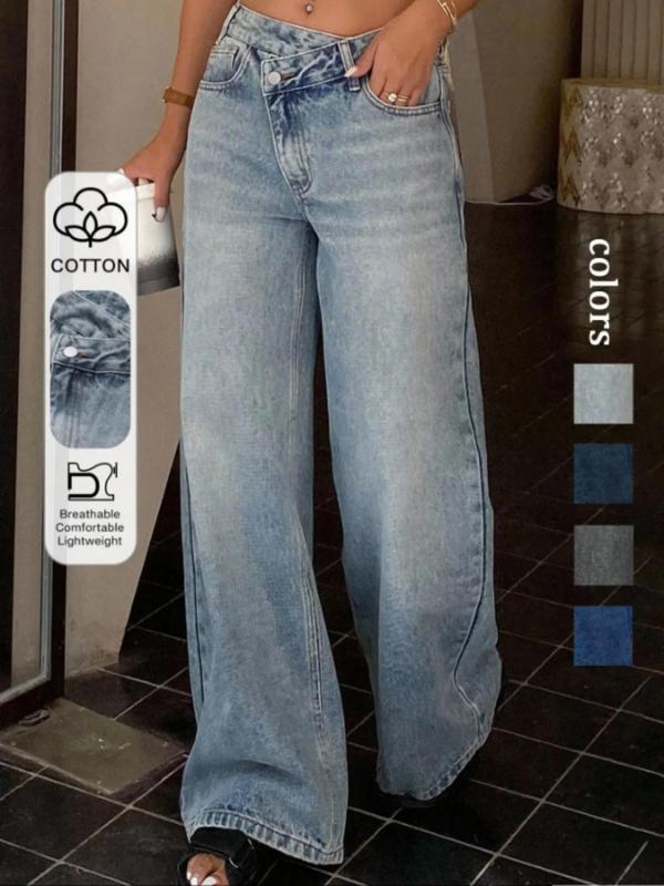 Jeans asimétricos de cintura baja y pierna ancha para mujer, con diseño de bolsillos con cremallera; moda casual para todas las estaciones. Compra por tiempo limitado.