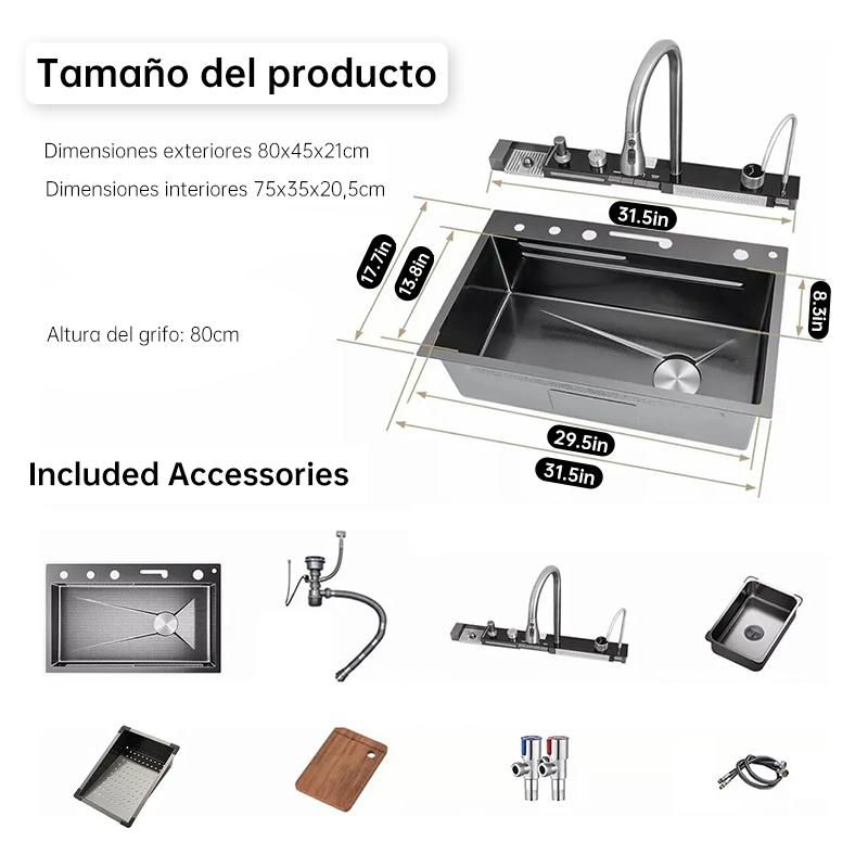 Fregadero lsidoro Acero Inoxidable con Grifo LED Multimodal 80x45x21 cm Tres modos de chorro de agua Aplicación de múltiples escenarios Accesorios completos Gris oscuro