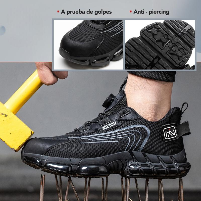 NIEION Botas de Trabajo con Punta de Acero y Antipunción para Hombres y Mujeres - Transpirables, Antideslizantes con Cordones y Hebilla Giratoria, Duraderas para Actividades al Aire Libre, Parte Superior de Malla Negra y Gris, Zapatos con Punta de Acero
