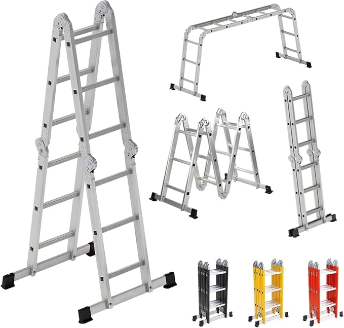 Escalera Multiposiciones de 3.5 Metros Aluminio Recta Tijera Andomio Plegable Versatil Antideslizante para Uso Interior Y Exterior De 12 Peldaños Alta Calidad