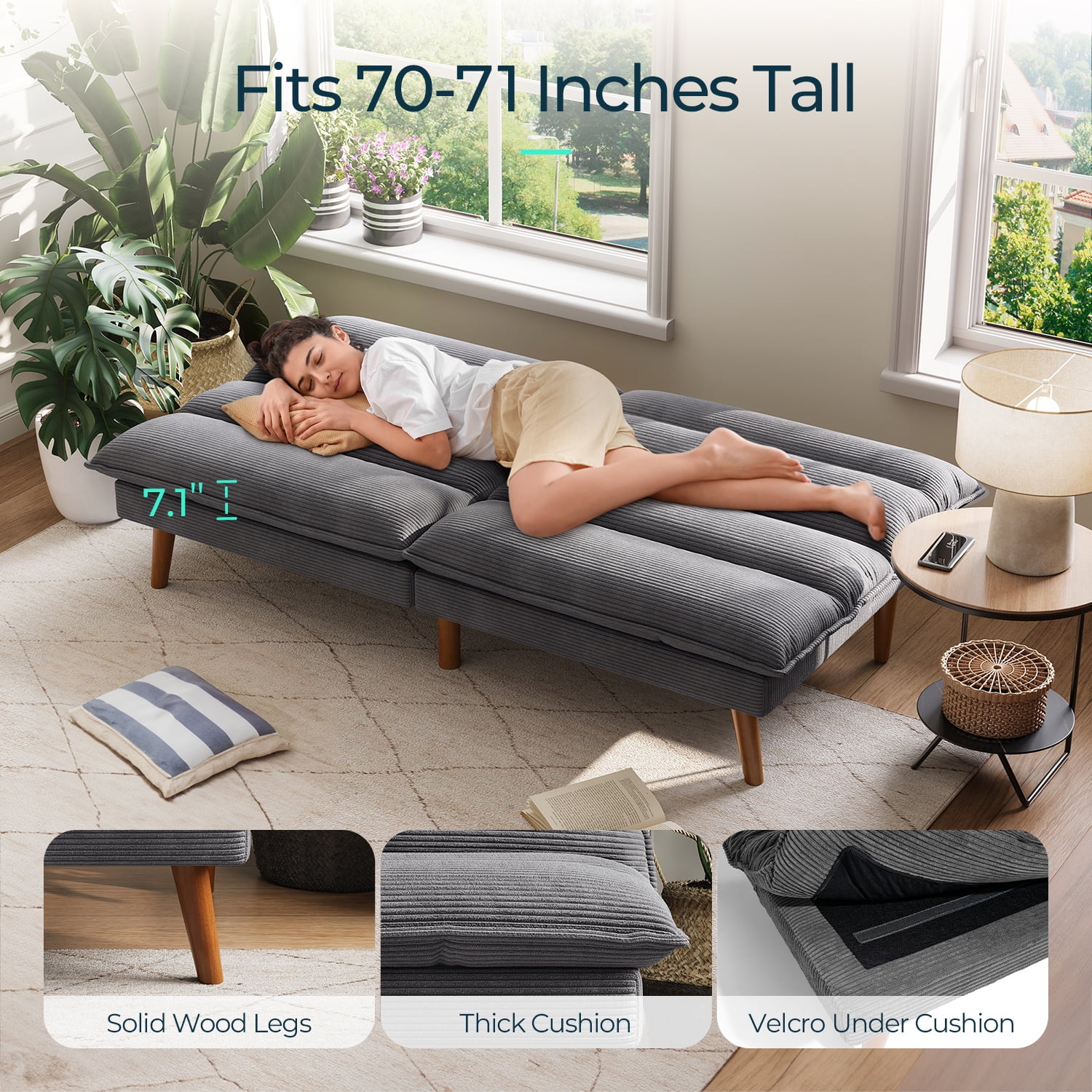 Linsy Home Sofá cama tipo futón convertible de pana de 71" de ancho