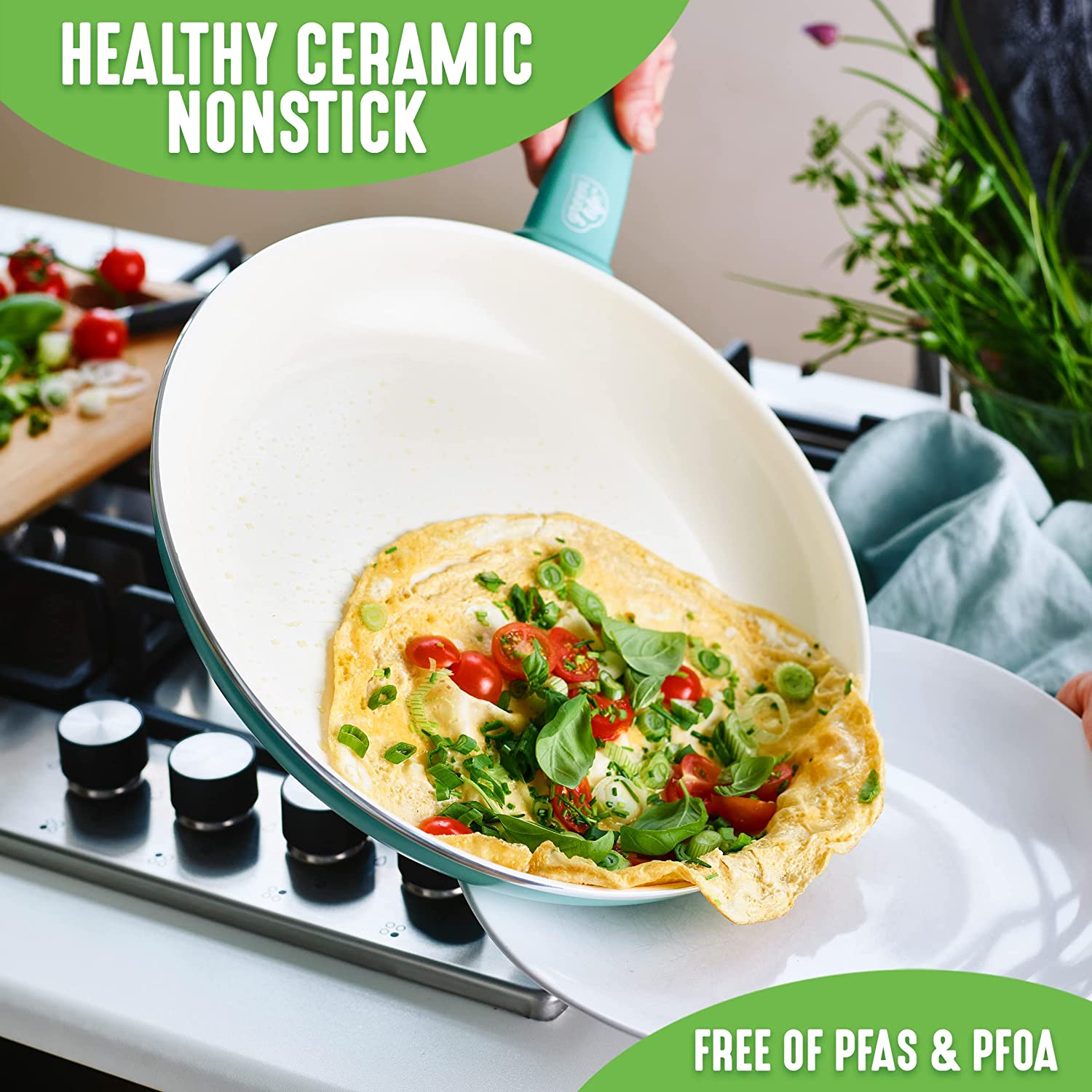 Soft Grip Healthy Ceramic Nonstick 16 Piece Cookware Pots and Pans Set, PFAS-Free, Dishwasher Safe, Turquoise