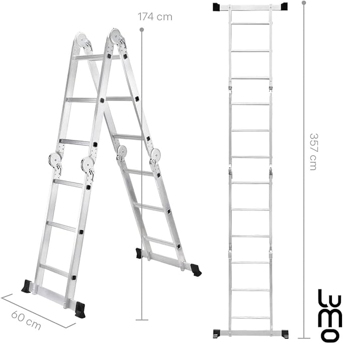 LUMO HOME Escalera 12 peldaños Plegable Tijera Multiposiciones de Aluminio Fondo Antideslizante para Uso Interior y Exterior