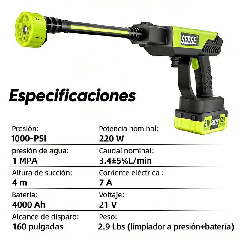 SEESE Pistola de limpieza de alta presión inalámbrica y portátil con práctica boquilla multifunción 6 en 1, ideal para lavar autos, limpiar pisos exteriores, cercas, terrazas y para riego de jardín. Un regalo perfecto para festividades y ocasiones especia