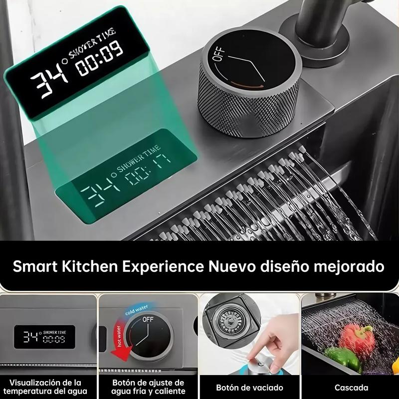 Fregadero lsidoro Acero Inoxidable con Grifo LED Multimodal 80x45x21 cm Tres modos de chorro de agua Aplicación de múltiples escenarios Accesorios completos Gris oscuro