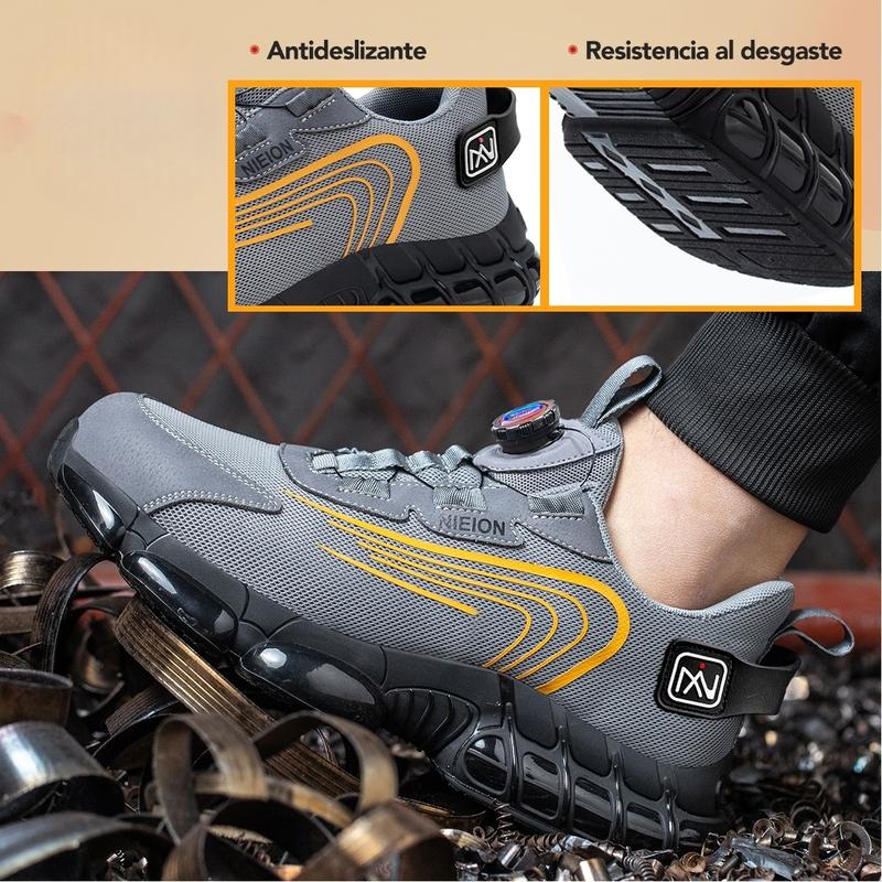 NIEION Botas de Trabajo con Punta de Acero y Antipunción para Hombres y Mujeres - Transpirables, Antideslizantes con Cordones y Hebilla Giratoria, Duraderas para Actividades al Aire Libre, Parte Superior de Malla Negra y Gris, Zapatos con Punta de Acero