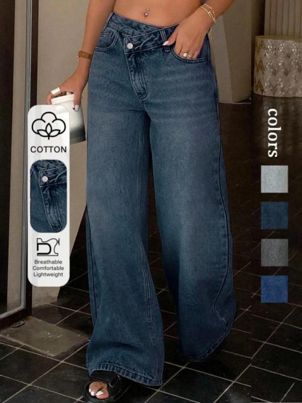 Jeans asimétricos de cintura baja y pierna ancha para mujer, con diseño de bolsillos con cremallera; moda casual para todas las estaciones. Compra por tiempo limitado.