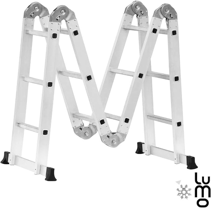 LUMO HOME Escalera 12 peldaños Plegable Tijera Multiposiciones de Aluminio Fondo Antideslizante para Uso Interior y Exterior
