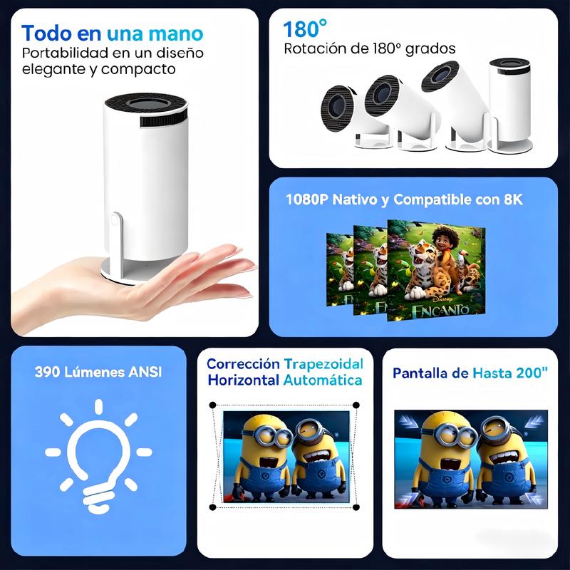 HY300 Pro Mini Proyector Portátil 8K, Android 16.0, 1080P Full HD, WiFi6, BT 6.0, 15000 Lúmenes, Corrección Automática de Trapecio, Ideal para Copa Mundial 2026, Transmisión en Vivo, Pantalla Gigante para Aficionados y reuniones
