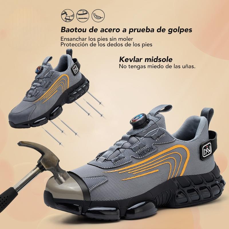 NIEION Botas de Trabajo con Punta de Acero y Antipunción para Hombres y Mujeres - Transpirables, Antideslizantes con Cordones y Hebilla Giratoria, Duraderas para Actividades al Aire Libre, Parte Superior de Malla Negra y Gris, Zapatos con Punta de Acero